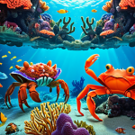 Underwater Adventure**

*Prompt:* Two funny lava larvae exploring a vibrant coral reef, encountering a giant, comical crab. Colorful fish and sea plants surround them. Bright, cartoon style.

**