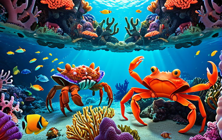 Underwater Adventure**

*Prompt:* Two funny lava larvae exploring a vibrant coral reef, encountering a giant, comical crab. Colorful fish and sea plants surround them. Bright, cartoon style.

**