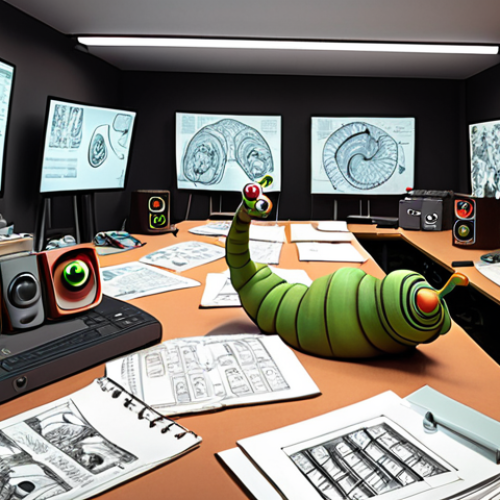 Home 22 **
> A vibrant, chaotic scene inside a modern animation studio. Various screens display early concept art for new "Larva" characters – perhaps a punk rock earthworm or a sophisticated snail with a monocle. Animators are collaborating enthusiastically, surrounded by stacks of scripts and storyboards. In the background, a VR headset lies on a desk, hinting at future projects. The overall aesthetic should be playful and energetic, reflecting the humor of "Larva" but with a touch of technological innovation.
**