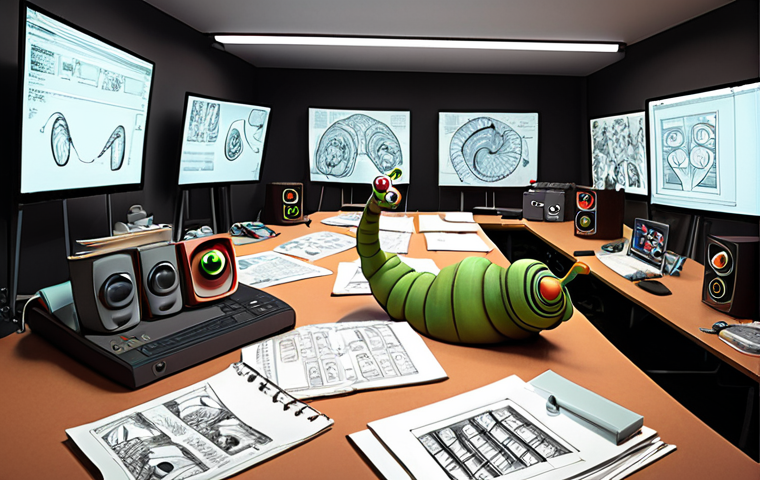 **

> A vibrant, chaotic scene inside a modern animation studio. Various screens display early concept art for new "Larva" characters – perhaps a punk rock earthworm or a sophisticated snail with a monocle. Animators are collaborating enthusiastically, surrounded by stacks of scripts and storyboards. In the background, a VR headset lies on a desk, hinting at future projects. The overall aesthetic should be playful and energetic, reflecting the humor of "Larva" but with a touch of technological innovation.

**