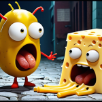 Two highly expressive cartoon larvae, one vibrant yellow and one bold red, engaged in a hilariously exaggerated struggle over a single, comically oversized piece of cheese. Their "facial" expressions and body language convey a wide range of emotions without words, from intense rivalry to sudden fear or joyful triumph. The background is a simple, slightly gritty urban drain setting, reminiscent of the "Larva" animation style, with bright, clean colors and a focus on their absurd, slapstick physical comedy.