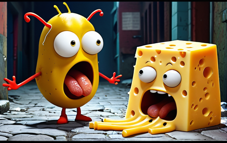 Two highly expressive cartoon larvae, one vibrant yellow and one bold red, engaged in a hilariously exaggerated struggle over a single, comically oversized piece of cheese. Their "facial" expressions and body language convey a wide range of emotions without words, from intense rivalry to sudden fear or joyful triumph. The background is a simple, slightly gritty urban drain setting, reminiscent of the "Larva" animation style, with bright, clean colors and a focus on their absurd, slapstick physical comedy.