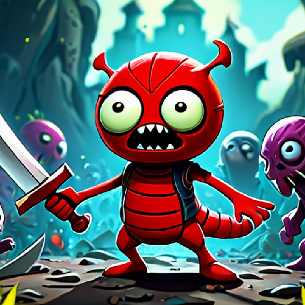 **"Larva Heroes: Lavengers" Style:** A cartoonish, fully clothed red larva hero character with determined expression, wielding a toy sword, standing triumphantly amidst a battlefield of cute, cartoon zombie enemies. Background: vibrant, stylized battlefield. Safe for work, appropriate content, family-friendly, perfect anatomy, natural proportions, digital illustration, high quality.