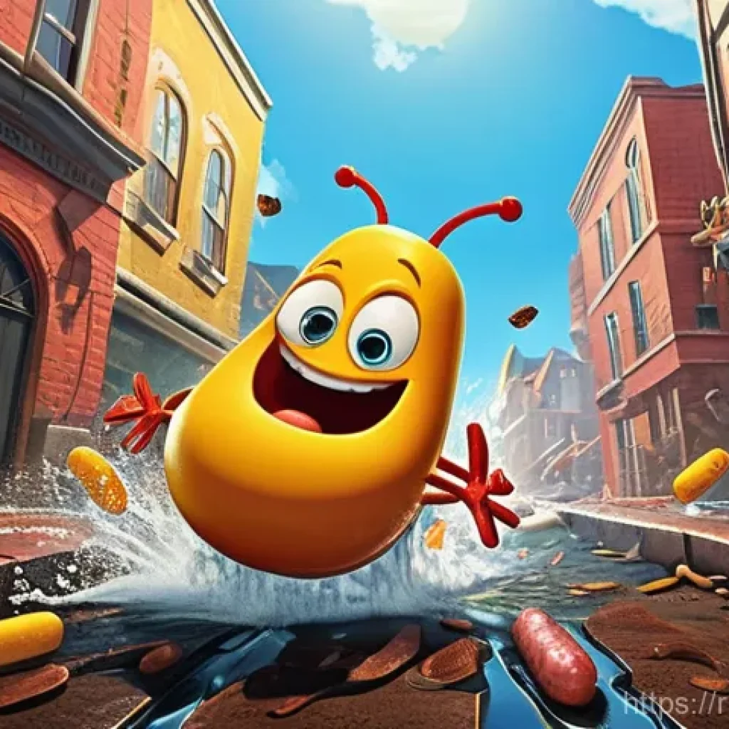라바 애니메이션에서 쓰인 슬랩스틱 코미디 - **"Larva Food Frenzy"**
    A highly detailed 3D animated scene depicting Red and Yellow Larva in a ...