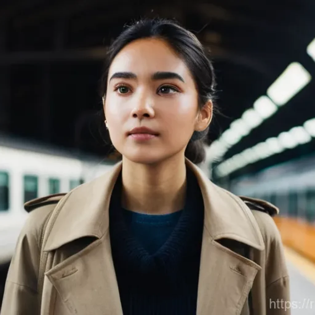 라바의 대사 없는 스토리텔링 기술 - **Prompt:** A young woman, appearing to be in her mid-20s, stands in a bustling train station, her g...