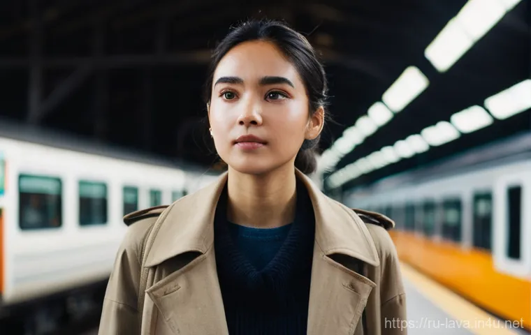 라바의 대사 없는 스토리텔링 기술 - **Prompt:** A young woman, appearing to be in her mid-20s, stands in a bustling train station, her g...