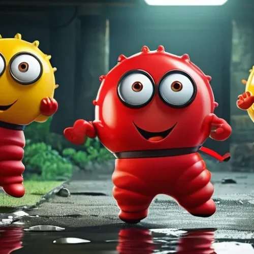 라바의 제작진 인터뷰 주요 내용 - **Animated cartoon, full shot of the main characters.** 'Red', a small, mischievous red larva, is st...