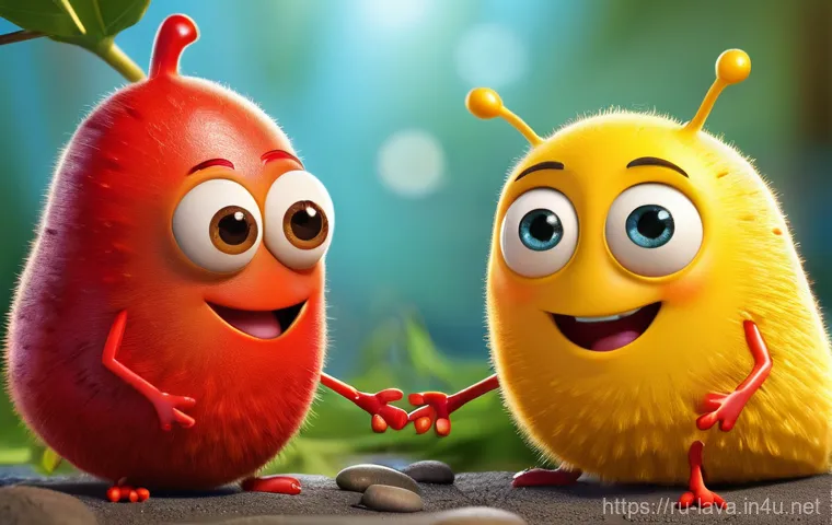 라바의 캐릭터 간 언어 표현법 - **Prompt:** A high-resolution, expressive cartoon illustration depicting Red Larva and Yellow Larva ...