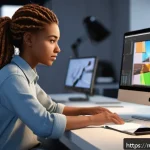 Home 19 라바의 애니메이션 품질 개선 사례 - A highly detailed 3D character model of a young female animator in casual studio attire, wearing mod...